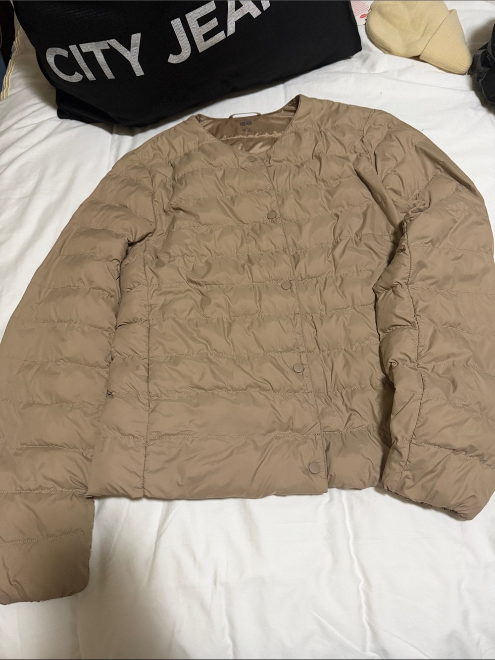 Uniqlo Tan Quilted Collarless Puffer Jacket